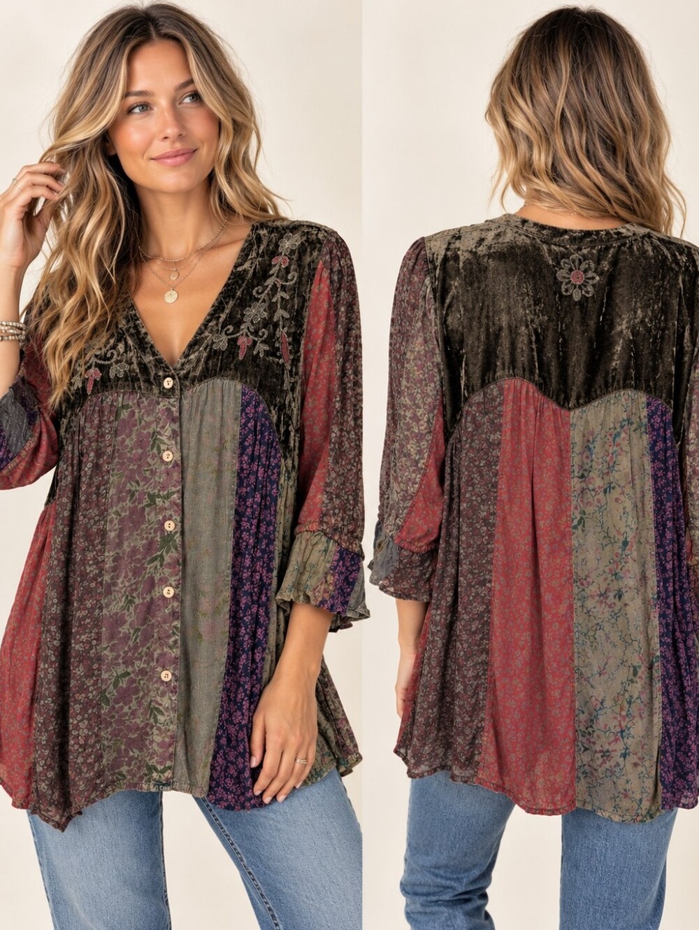 Young Threads Patchwork Velvet Embroidered Boho Tunic Top NWT M
